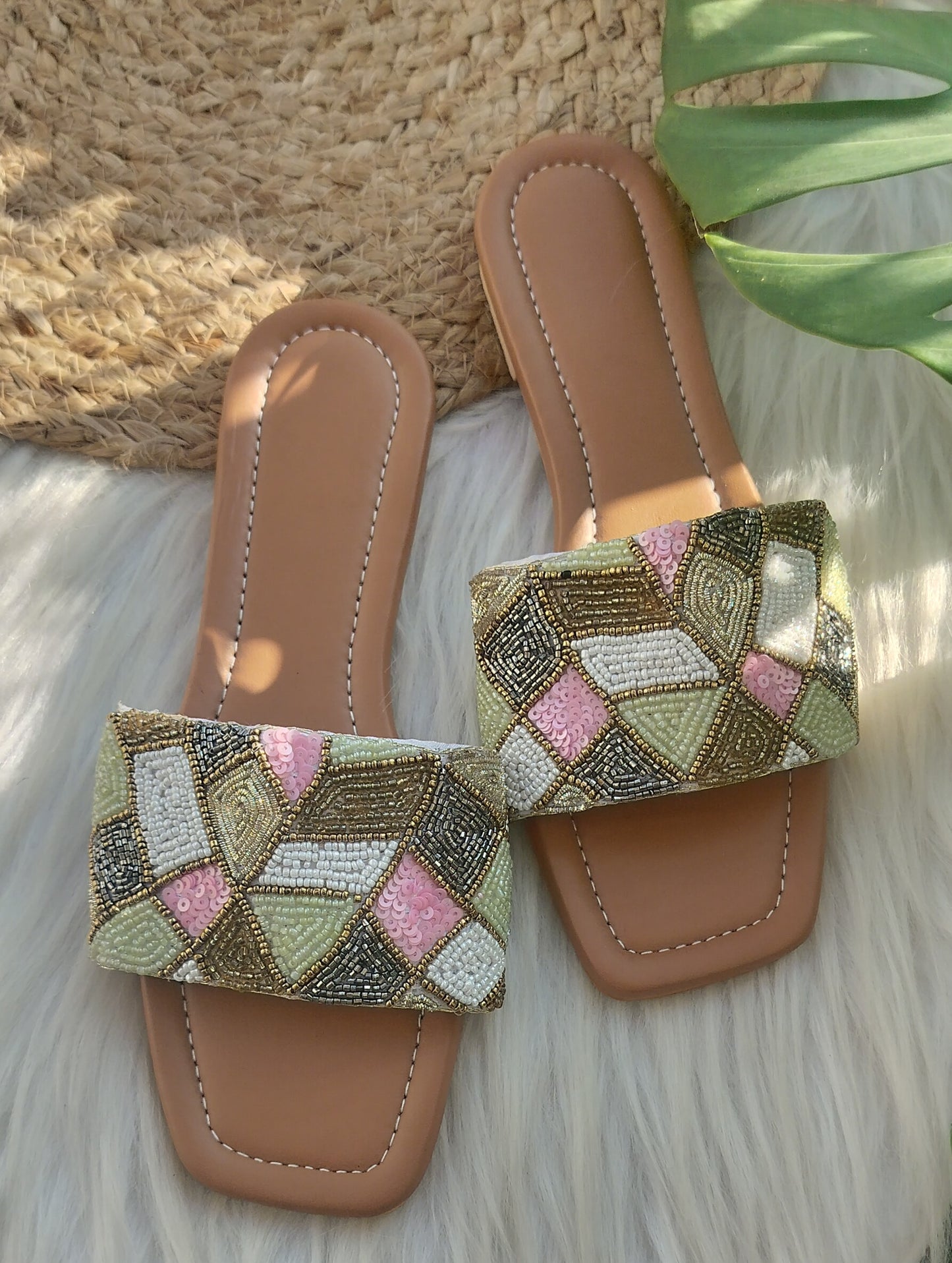 Pastel Multicolored Brown Embroidered Flats @40%off