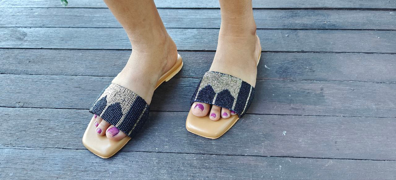 Black Golden Embroidered Flats