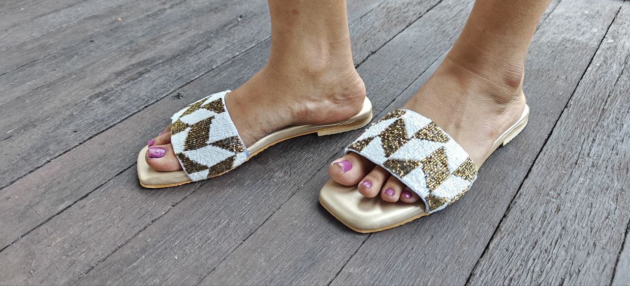 Golden white Embroidered Flats