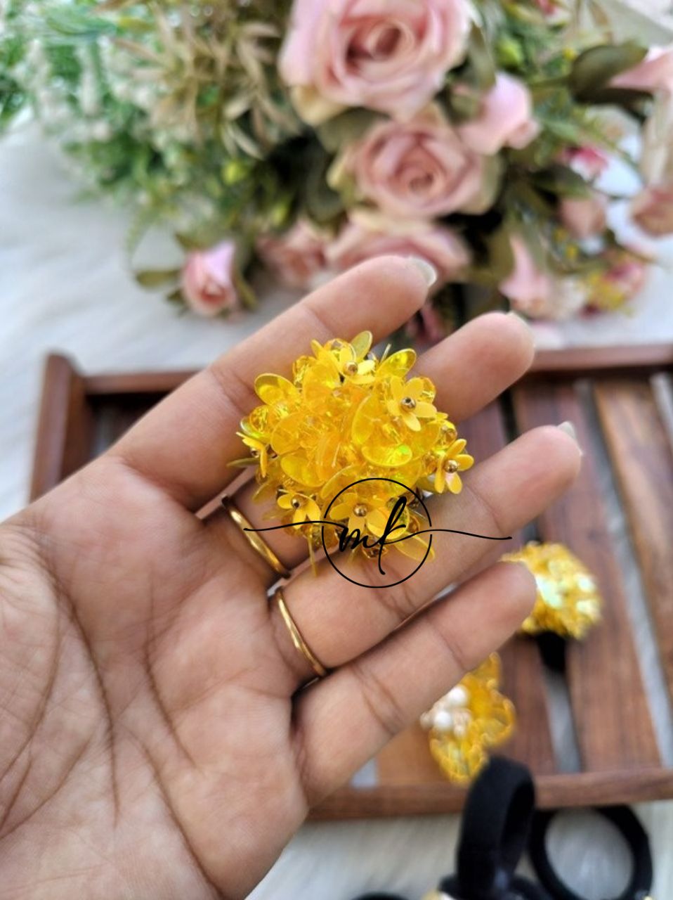 Yellow crystal embroidered Hair TIES