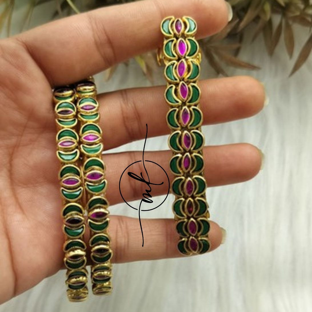 Green pink Kundan bangle Combo - 2 bangles+Centre clip