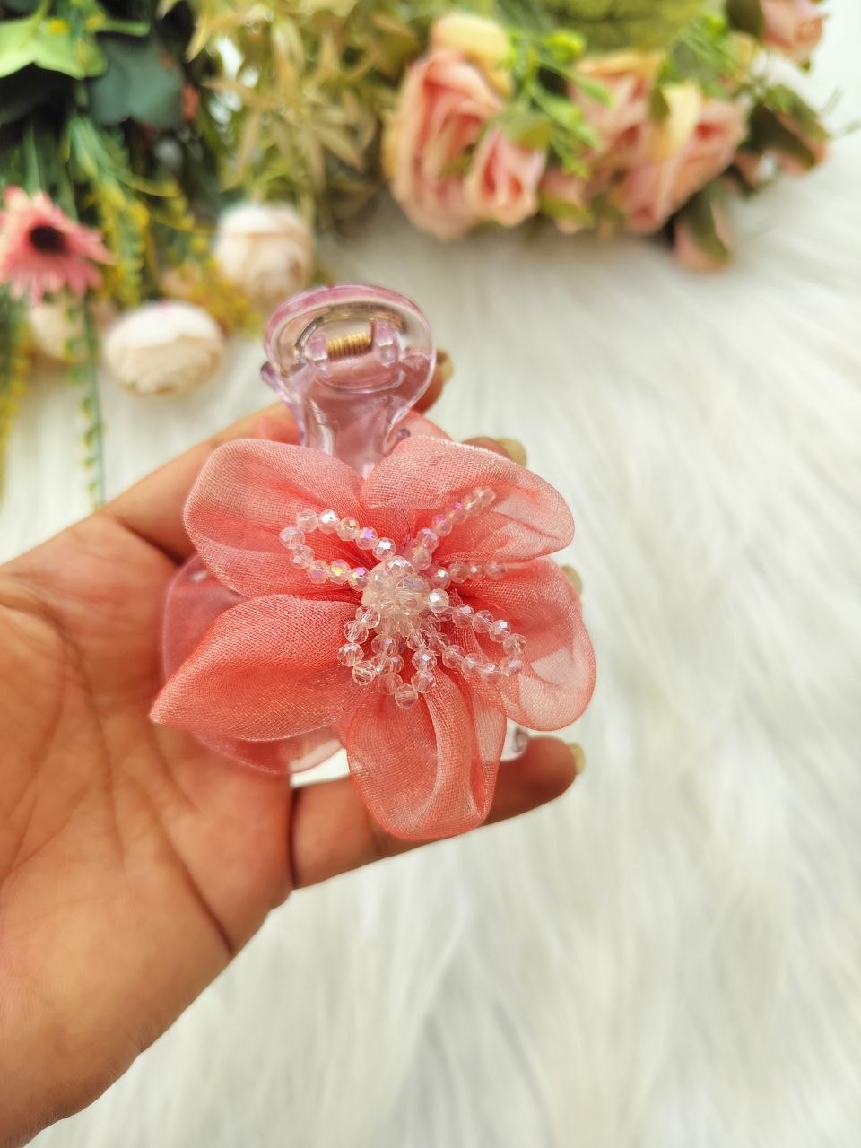 Pink Rose Bead Premium Banana clip - V type