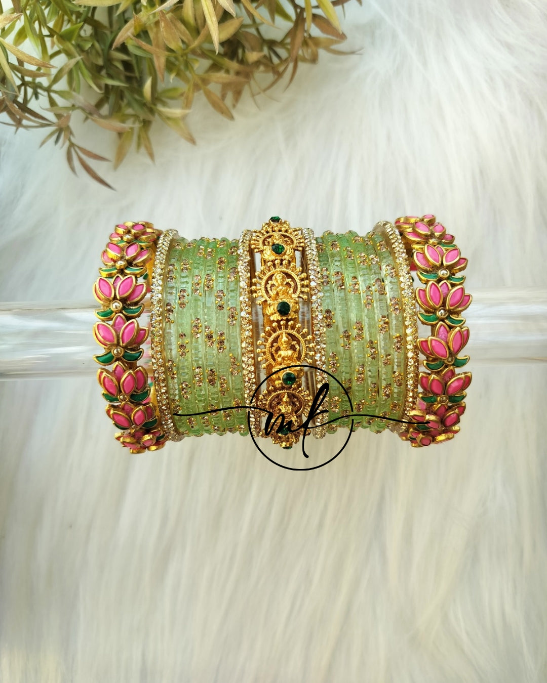 Lumi - Bridal kundan Bangle set - Dark pink + light green colour
