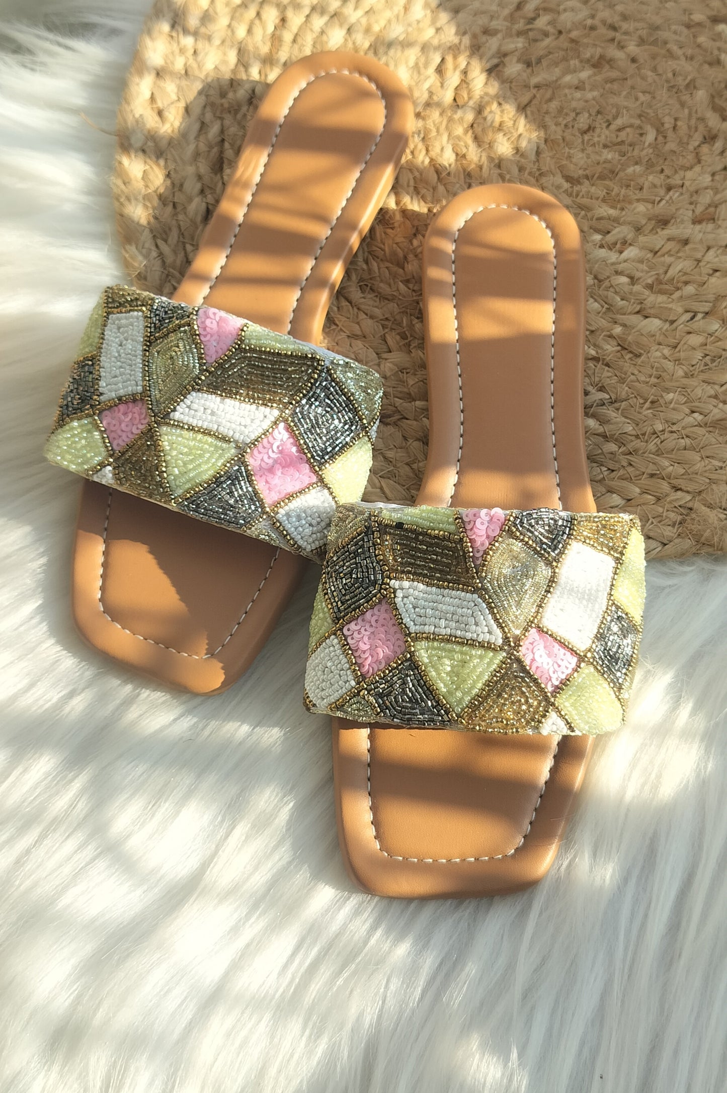 Pastel Multicolored Brown Embroidered Flats @40%off