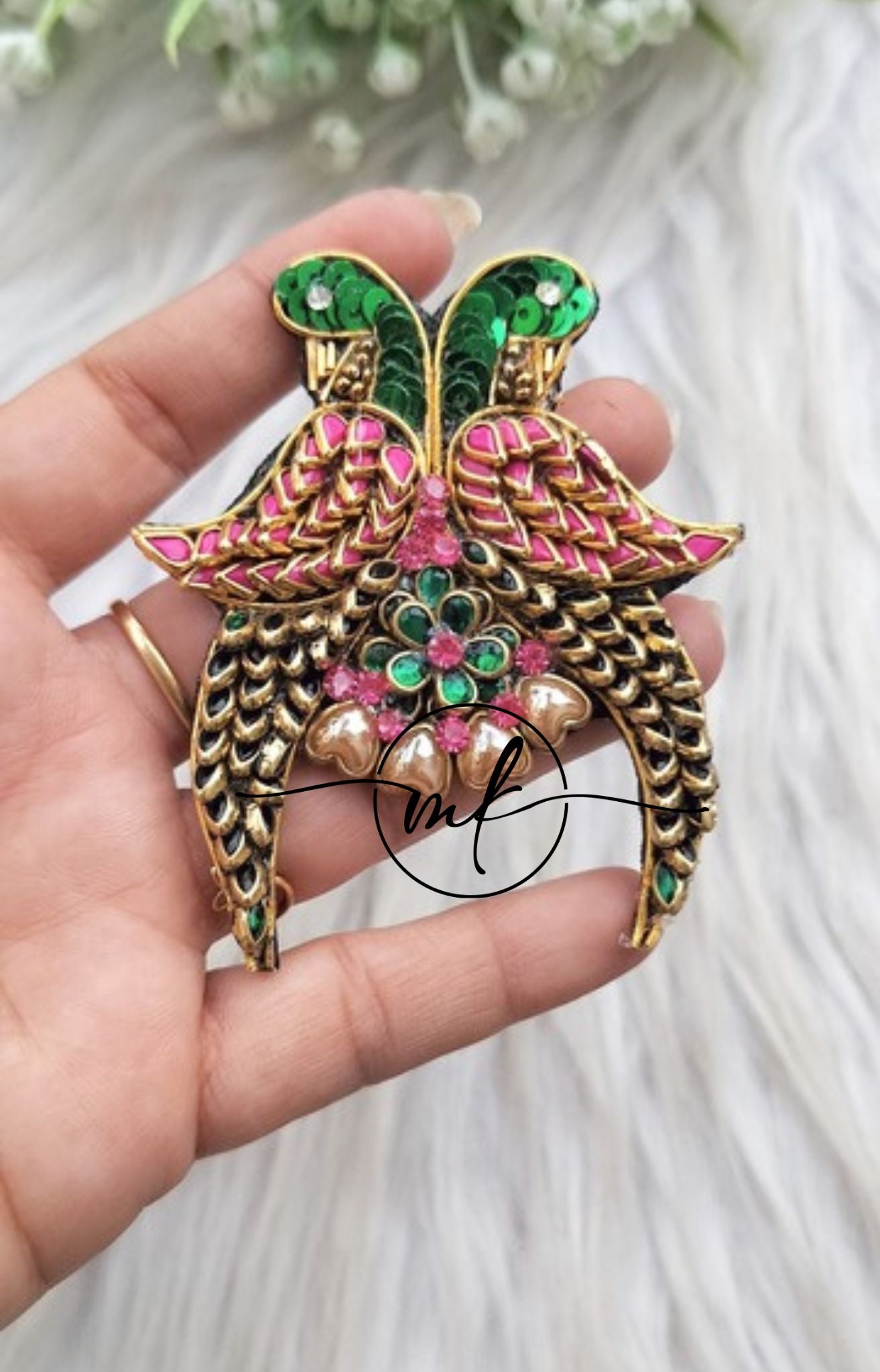 Pink Green Parrot Hair Brooch - set of 1