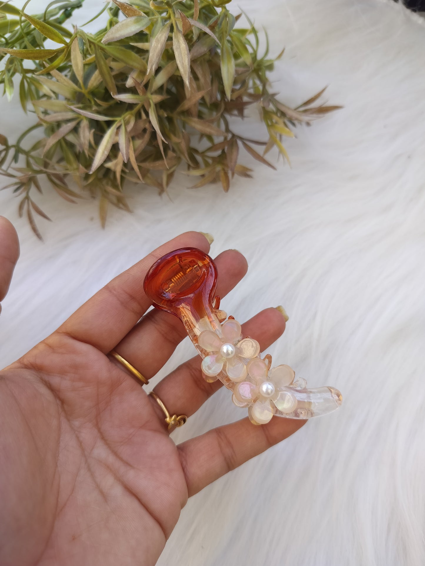 Brown floral premium Banana clip - V type