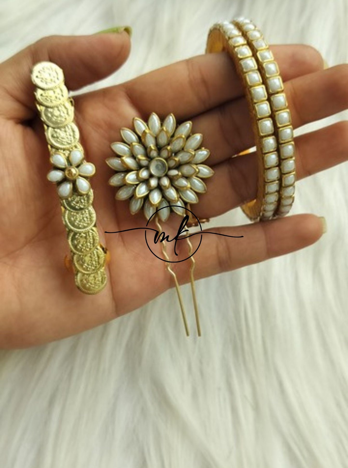 White coin Kundan bangle Combo set+ centre clip+ Hair Brooch