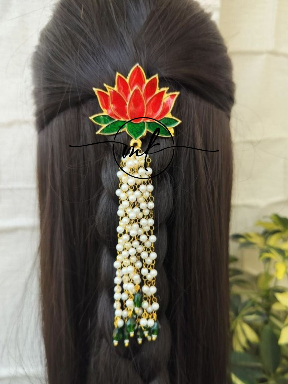 Red Lotus + Pearl Hanging Hair Brooch