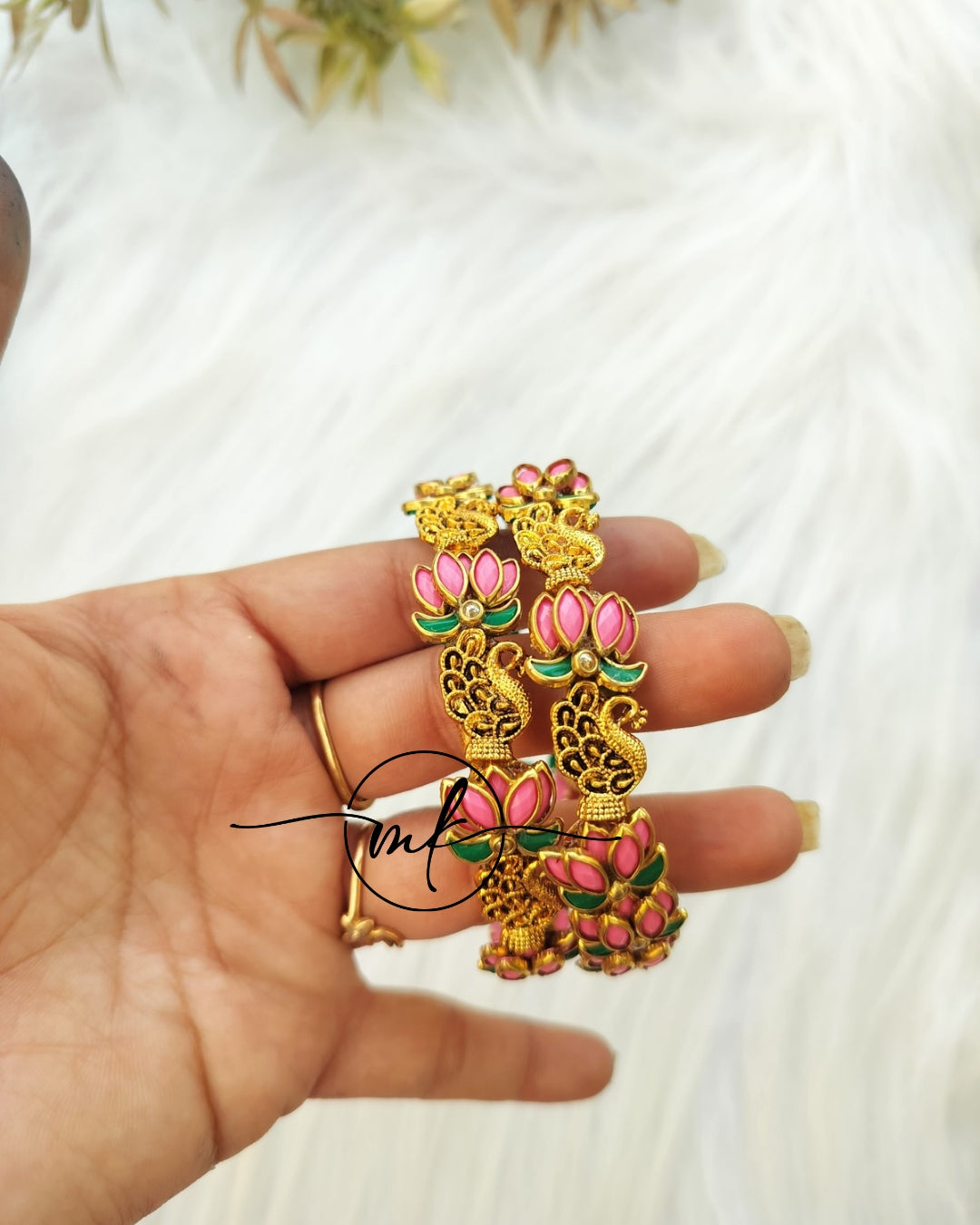 Light pink Lotus Peacock kundan Bangle set