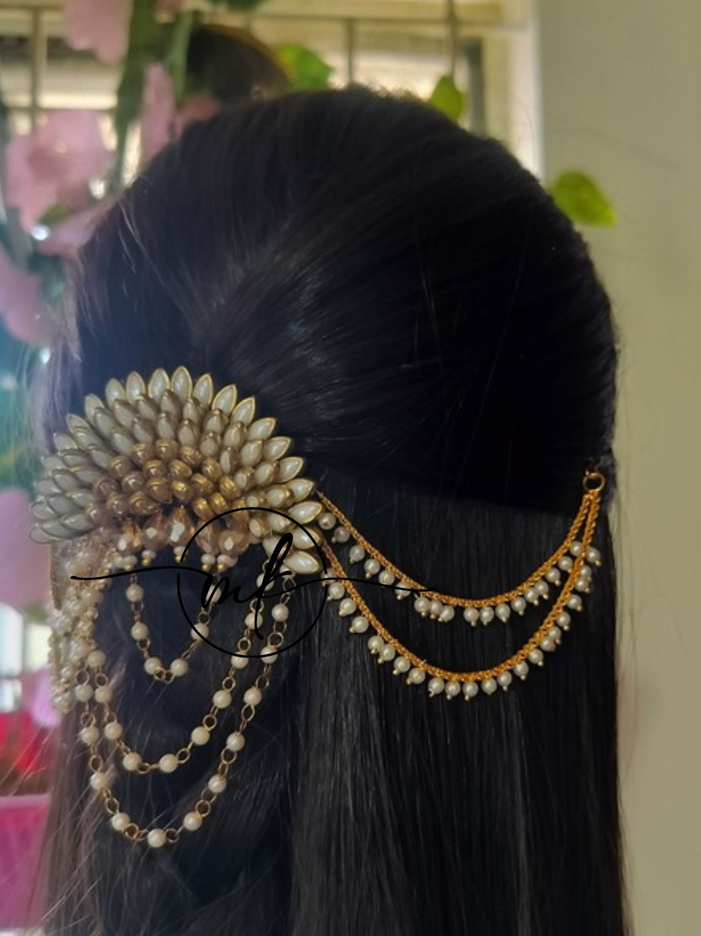White Gold Sunflower Hair Brooch with Pearl sidechain