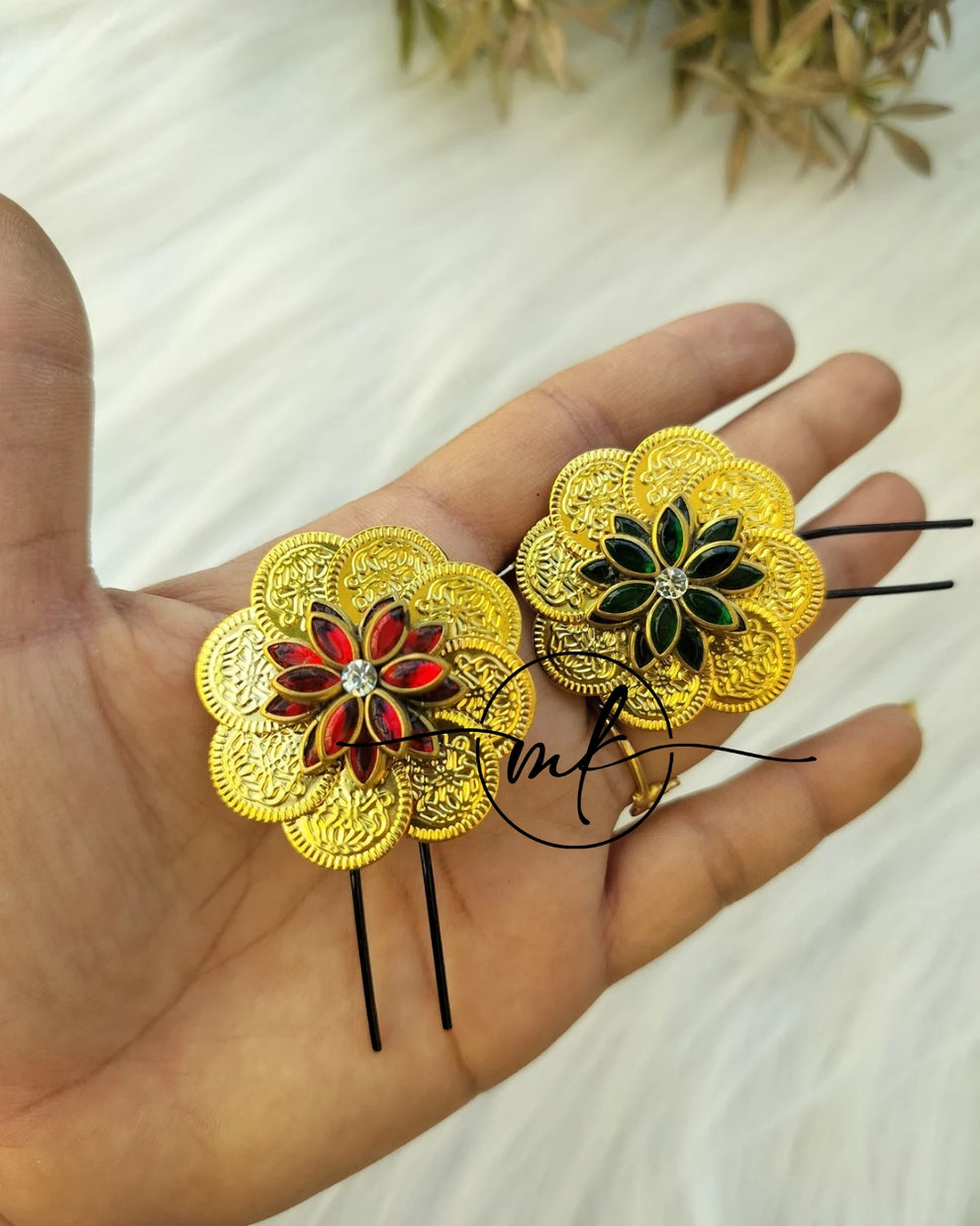 CIRA Flower Kundan Hair Brooch Return gift Combo - Mix of Red+Green