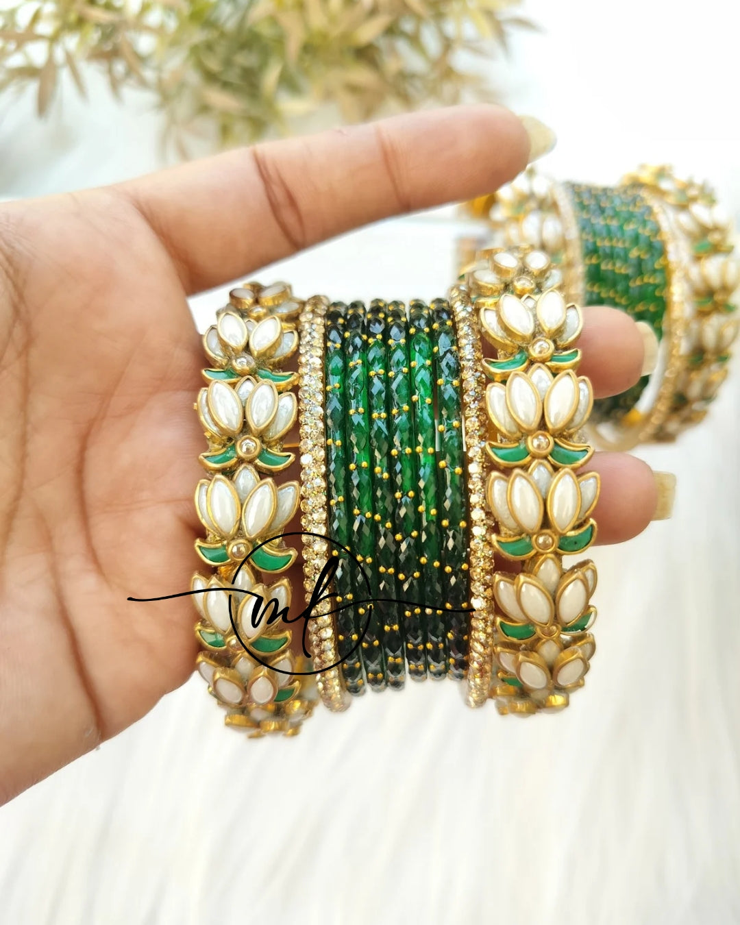 White lotus Glass semi Bridal Kundan bangle set