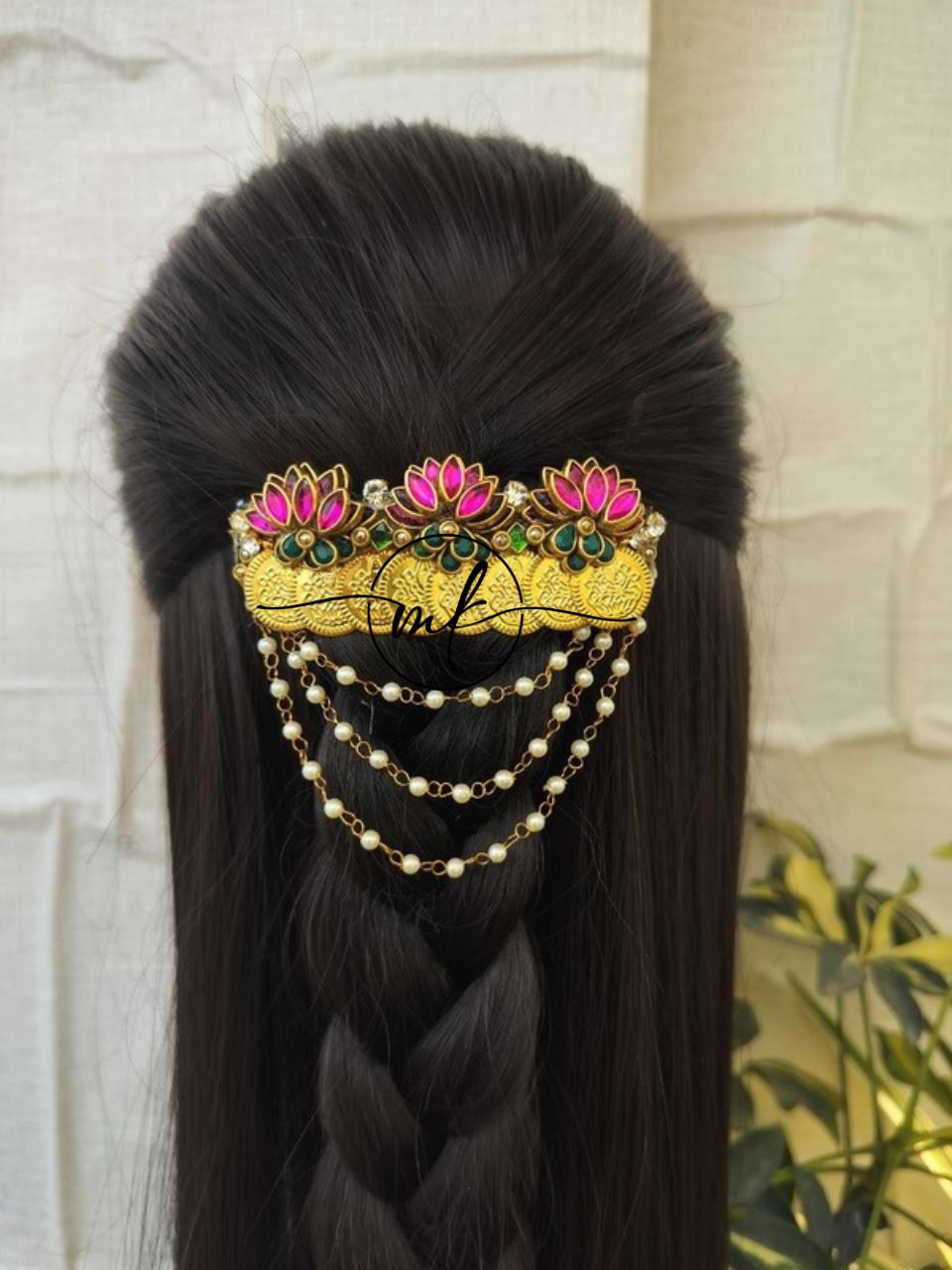 Isha Dark pink Lotus Coin Kundan Center clip (3L+H)