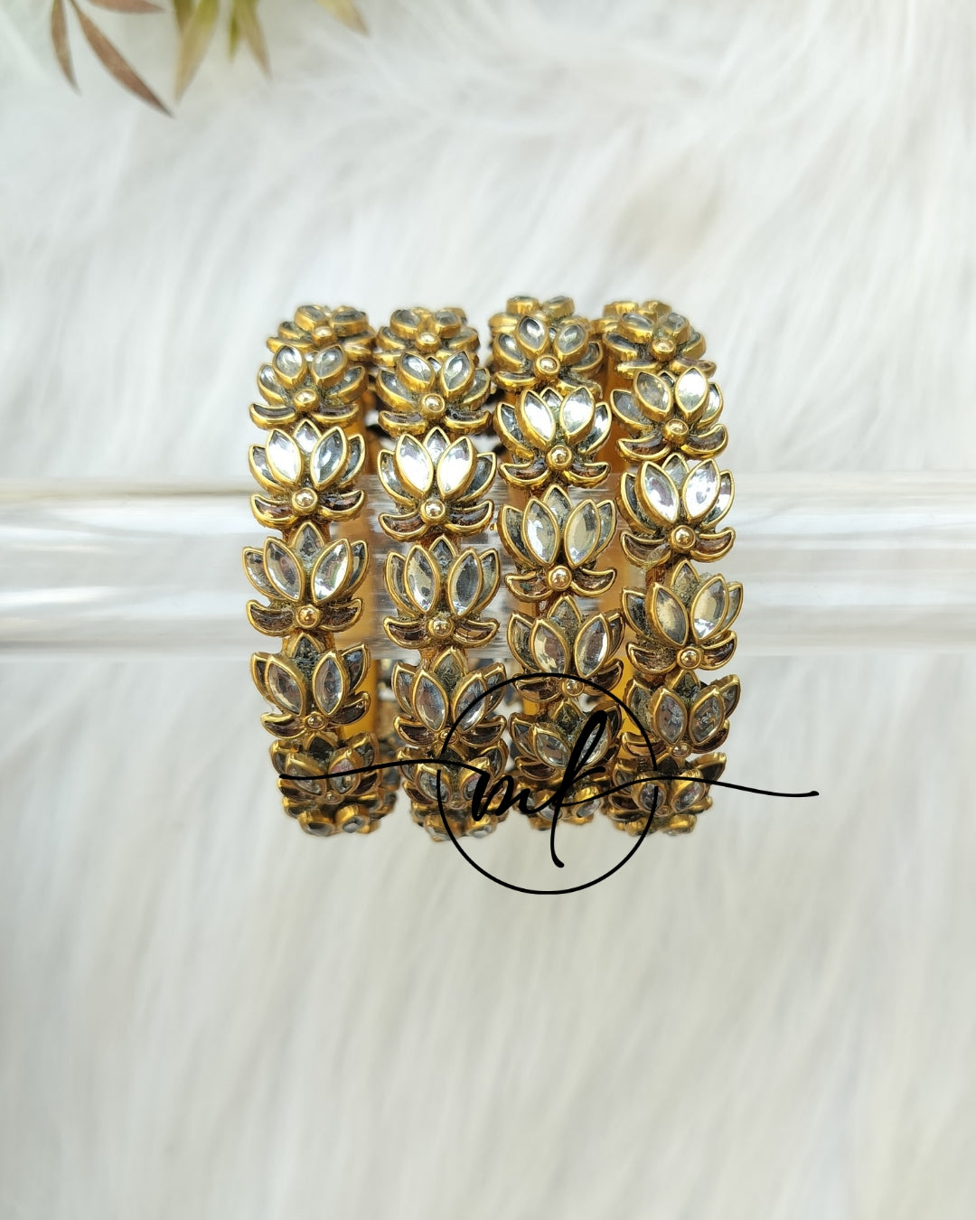 White Lotus kundan Bangle set