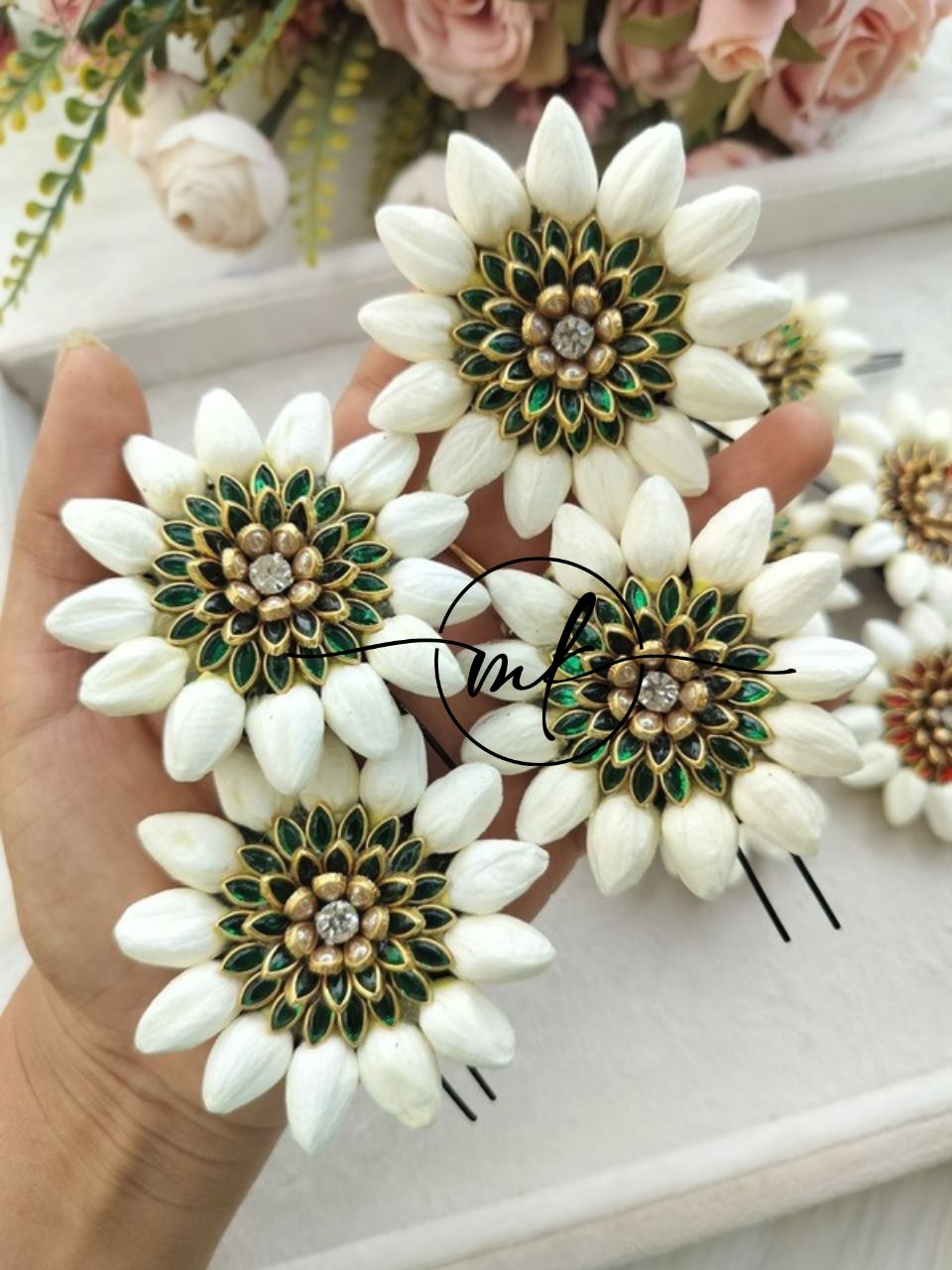 Mootu Malli + Green Kundan flower ARFL Hair Brooch/ Hair ties - 1 piece