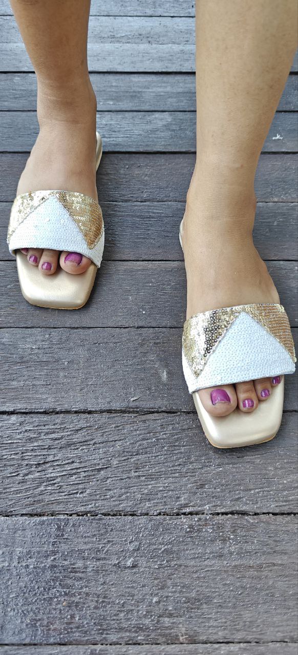 White Golden Embroidered Flats