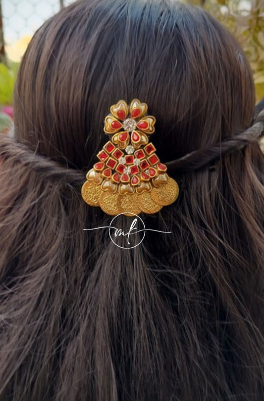 Kundan Coin Flower Hair Brooch