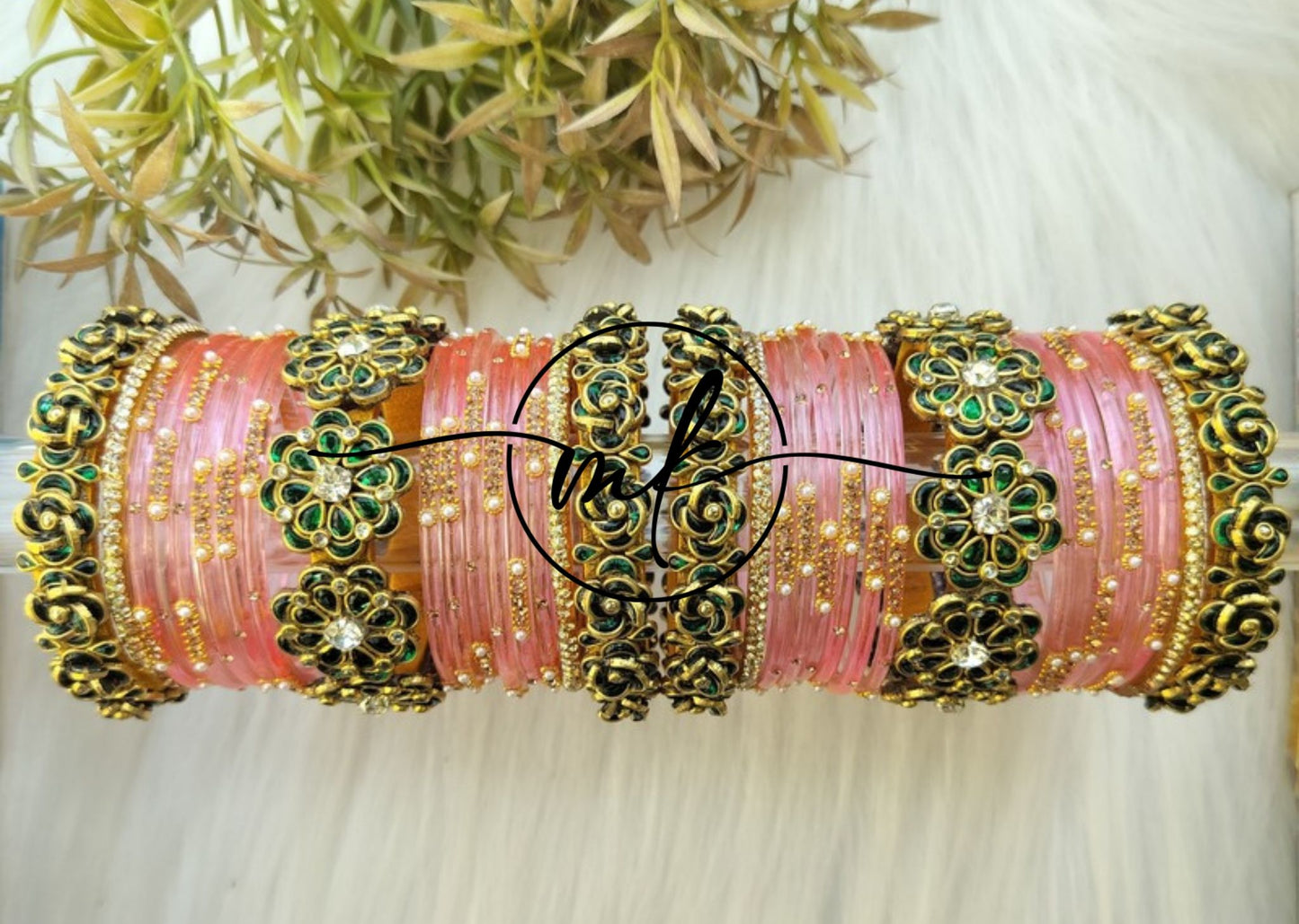 ROMI Light Pink Green Bridal kundan Bangle set