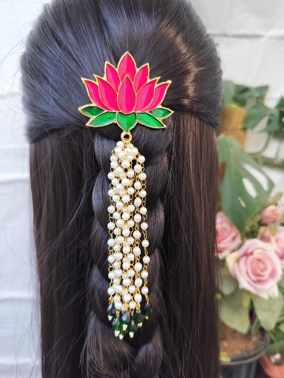 Pink Lotus + Pearl Hanging Hair Brooch