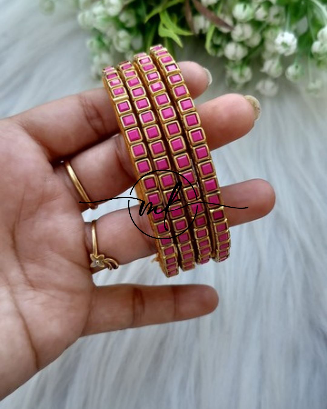 Thin Kundan bangle Set  - Pink