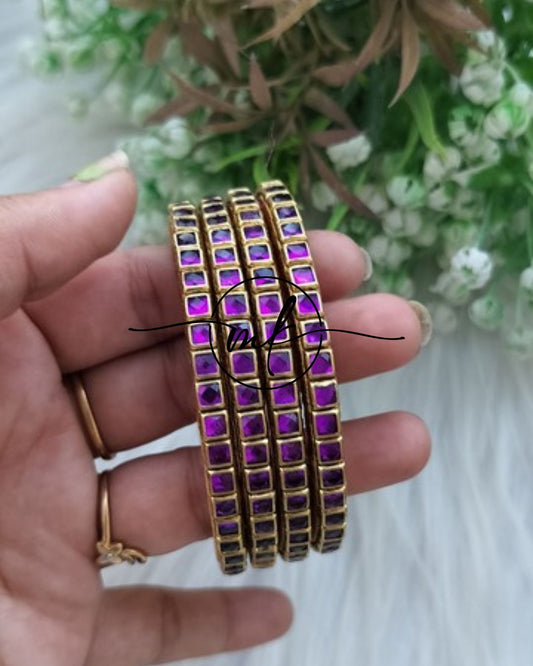 Thin Kundan bangle Set  - Purple