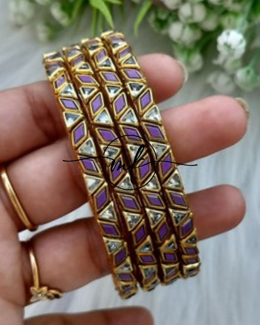 Thin Kundan bangle Set  - Silver/purple