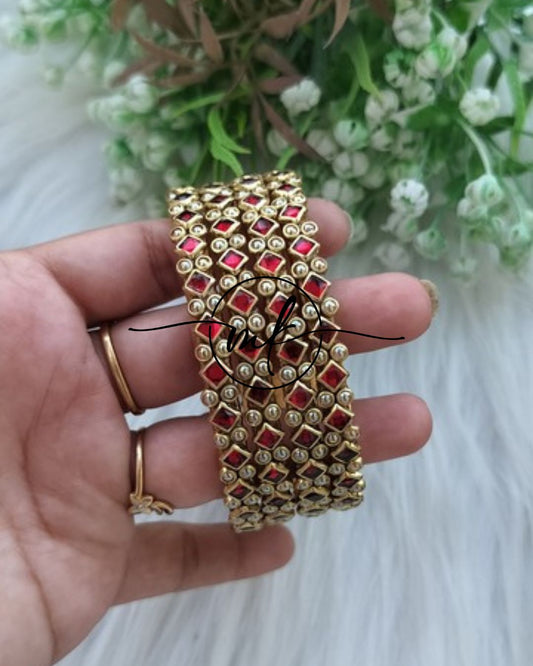 Thin Kundan bangle Set  - Red