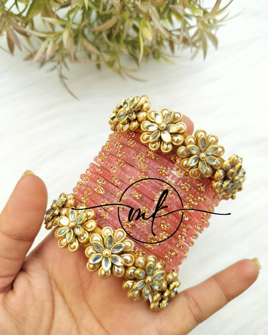 Gold Floral Kundan semi Bridal bangle Set