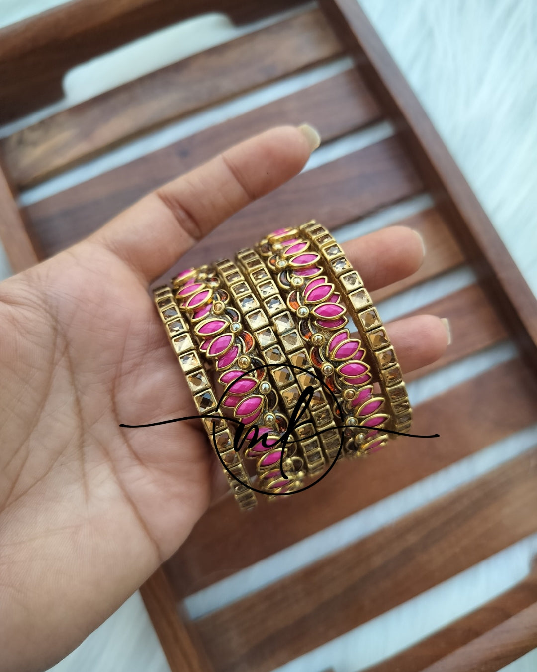 Lotus Kundan Semi Bridal bangle Set - Pink/Orange Lotus + Gold