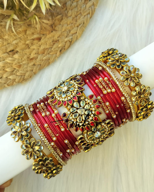 Cresent Moon Red Kundan Bridal bangle Set