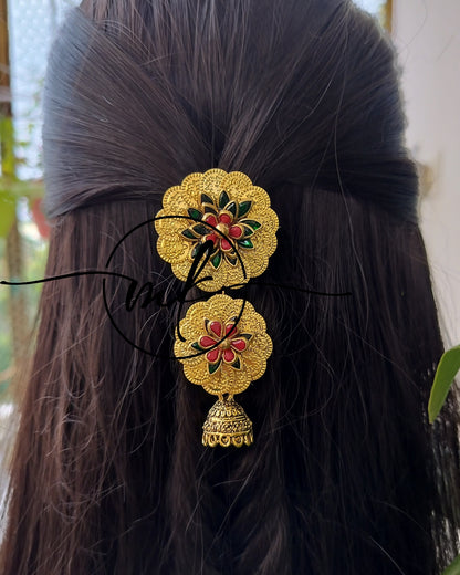 Laya Coin Maroon and Green 2L Hair Brooch