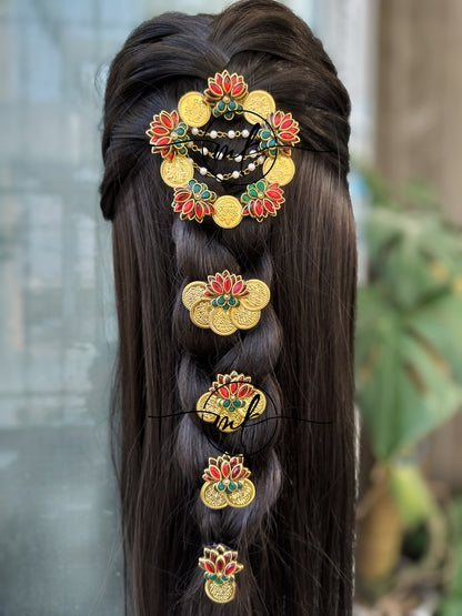 Rhiya + Cika Red Braid Hair Brooch - set of 5 pieces