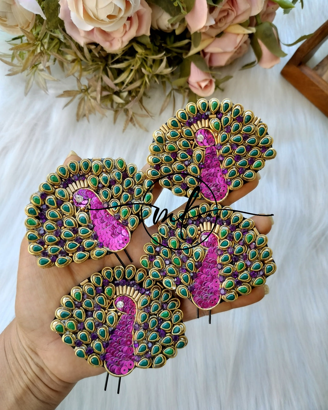 Peacock Purple&Green V04 Braid Hair Brooch - set of 4