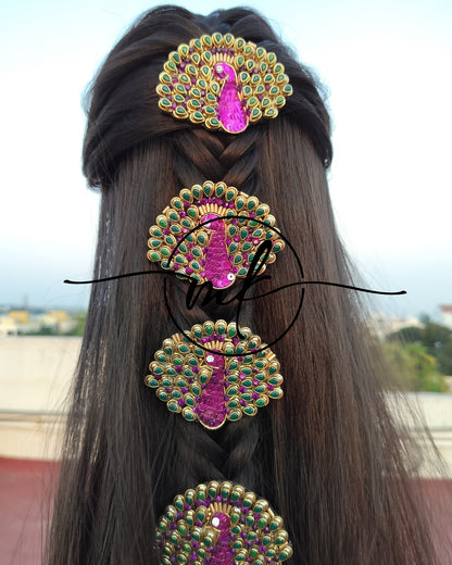 Peacock Purple&Green V04 Braid Hair Brooch - set of 4