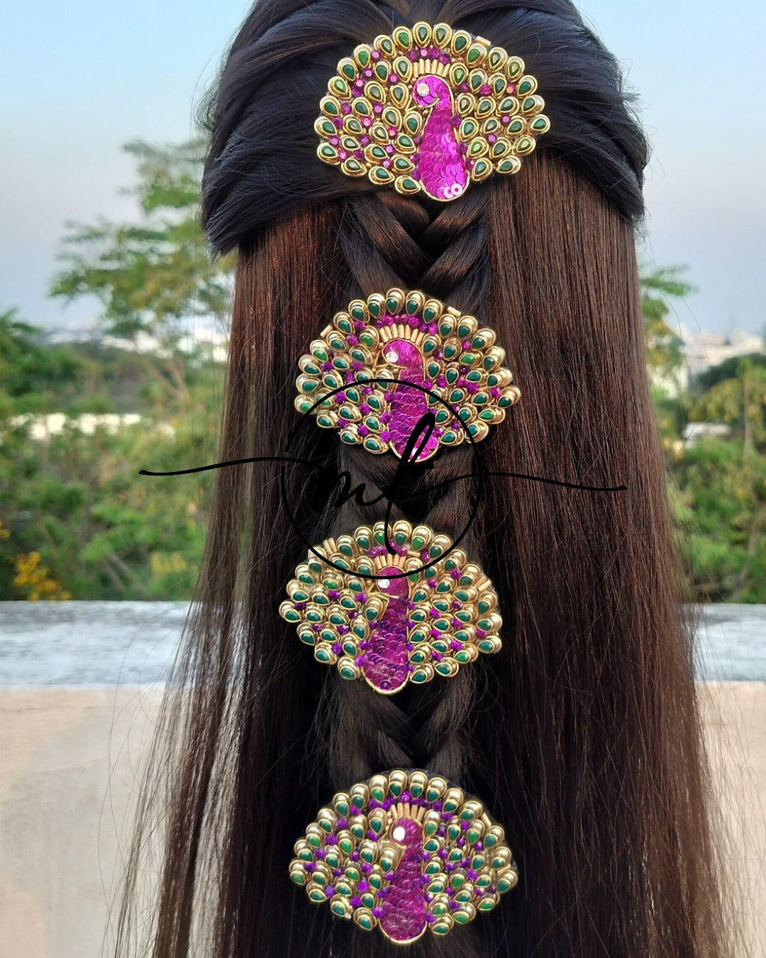 Peacock Purple&Green V04 Braid Hair Brooch - set of 4