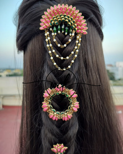 Baby pink Multi Lotus Combo Braid Hair Brooch - set of 3