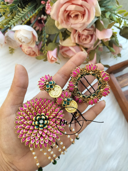 Marigold + Lara + Cika braid HAIR Brooch Combo - Light pink + GREEN