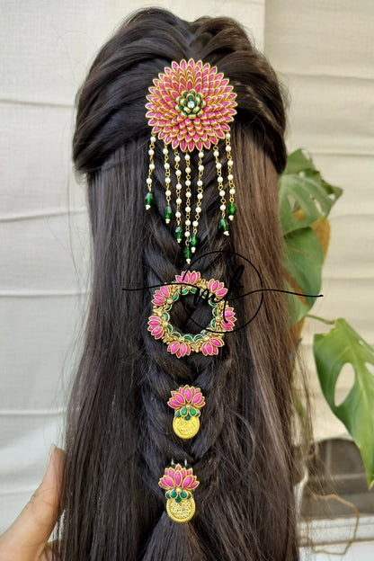 Marigold + Lara + Cika braid HAIR Brooch Combo - Light pink + GREEN