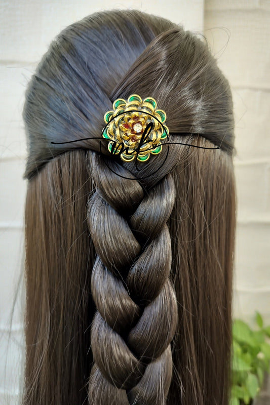 Green Rose Kundan Hair Brooch