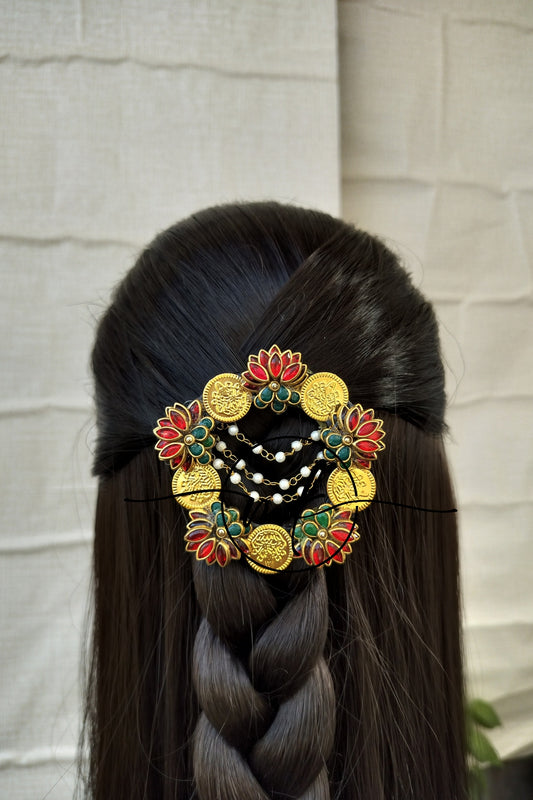 RHIYA Red coin Lotus Hair Brooch