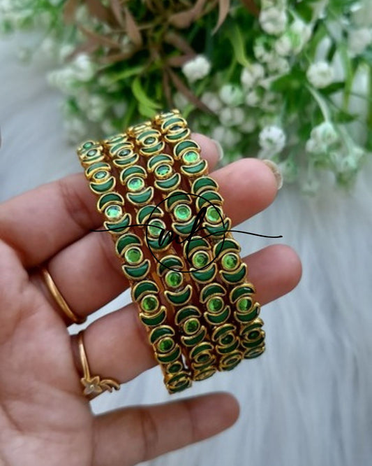 Thin Kundan bangle Set  - Green