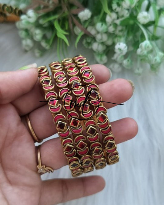 Thin Kundan bangle Set  - Red
