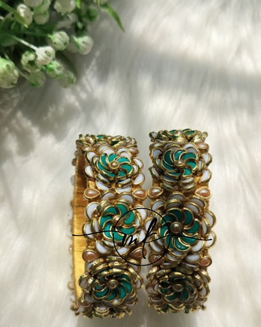 Rose Kundan bangle Set - White + Pista green