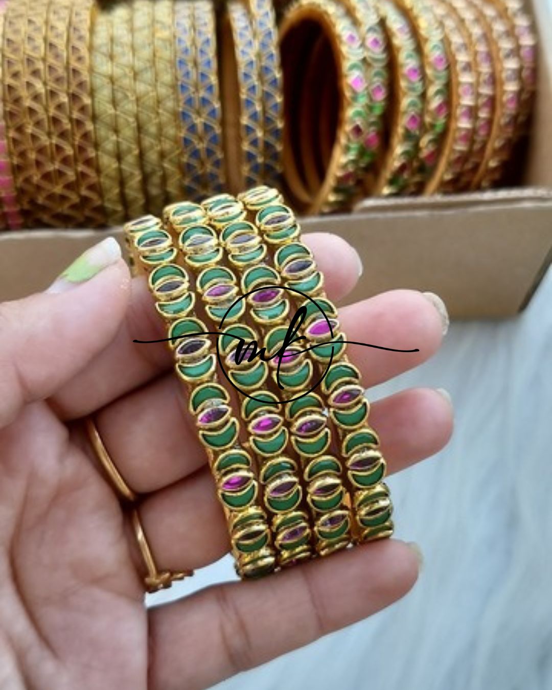 Thin Kundan bangle Set  - Green Pink
