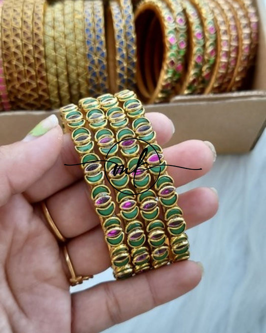 Thin Kundan bangle Set  - Green Pink
