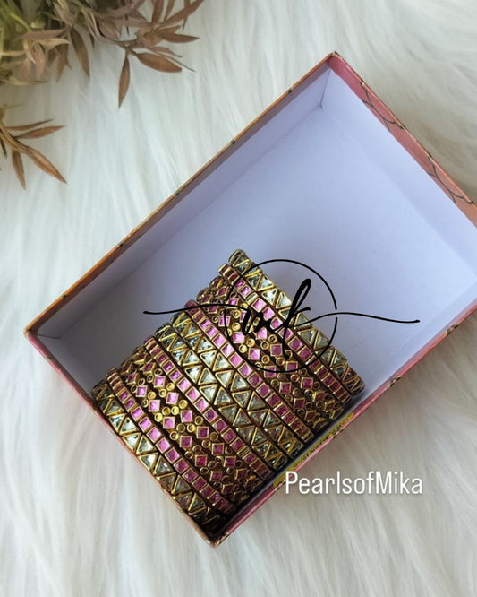 Kundan semi Bridal bangle Set - baby pink+ silver white