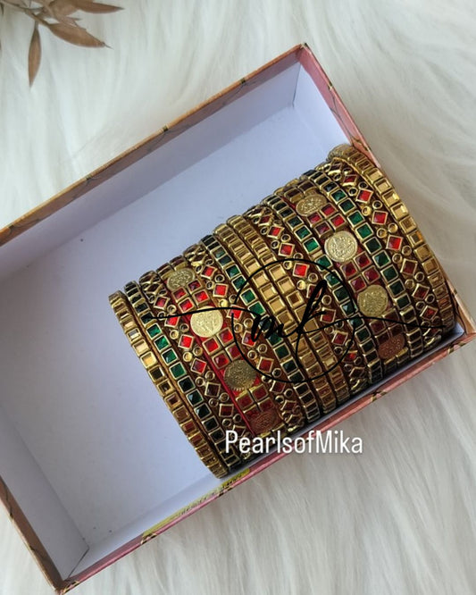 Kundan semi Bridal bangle Set - Green+ Red+ Gold