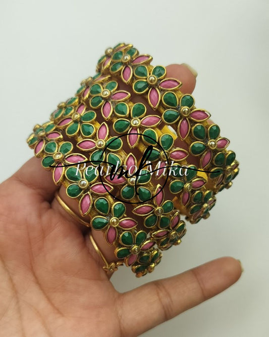 Floral Kundan bangle Set- Dark green + Pink
