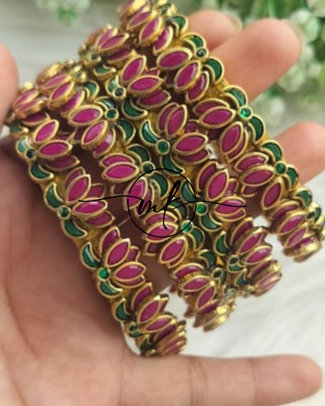 Lotus Kundan bangle Set- Marron + Dark Green Lotus
