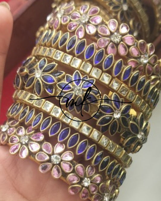 Floral Kundan Bridal bangle Set- Ink blue + light pink